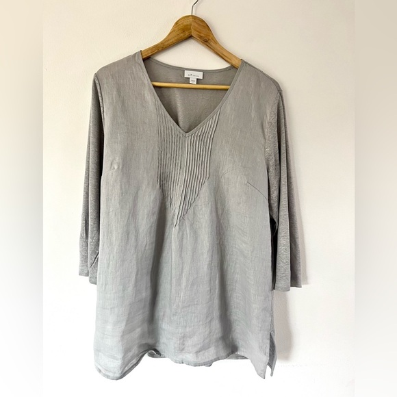 J. Jill Love Linen Grey Pleated Placket ¾ Sleeve Tunic Top Size Large - Picture 1 of 9